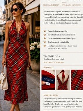 Burberry Red Nova Check Halter Midi Dress with Tartan Plaid